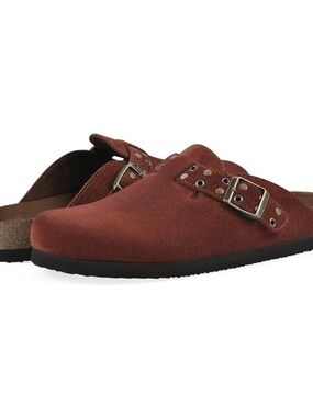 Suede Slip-On Buckle Mules in Rust